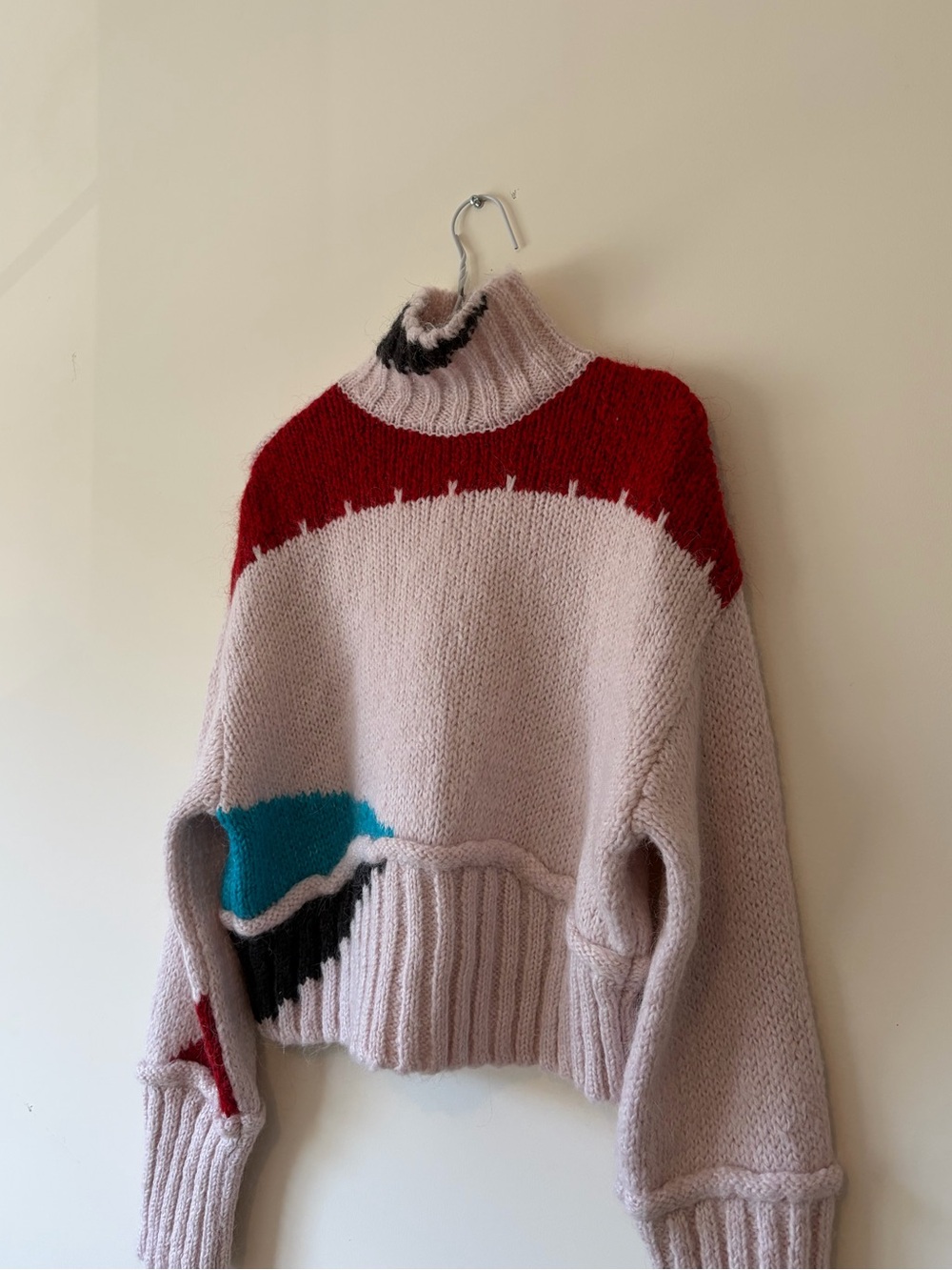 Zara Pink and Red Colorblock Turtleneck Sweater with Teal Accent